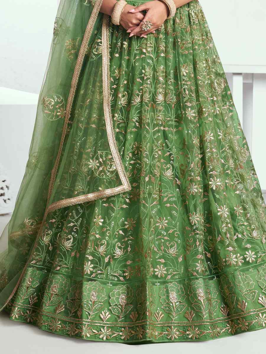 Pista Green Net Embroidered Wedding Reception Festival Heavy Border Lehenga Choli