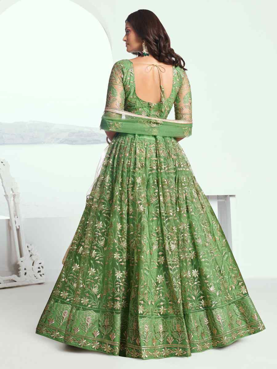 Pista Green Net Embroidered Wedding Reception Festival Heavy Border Lehenga Choli