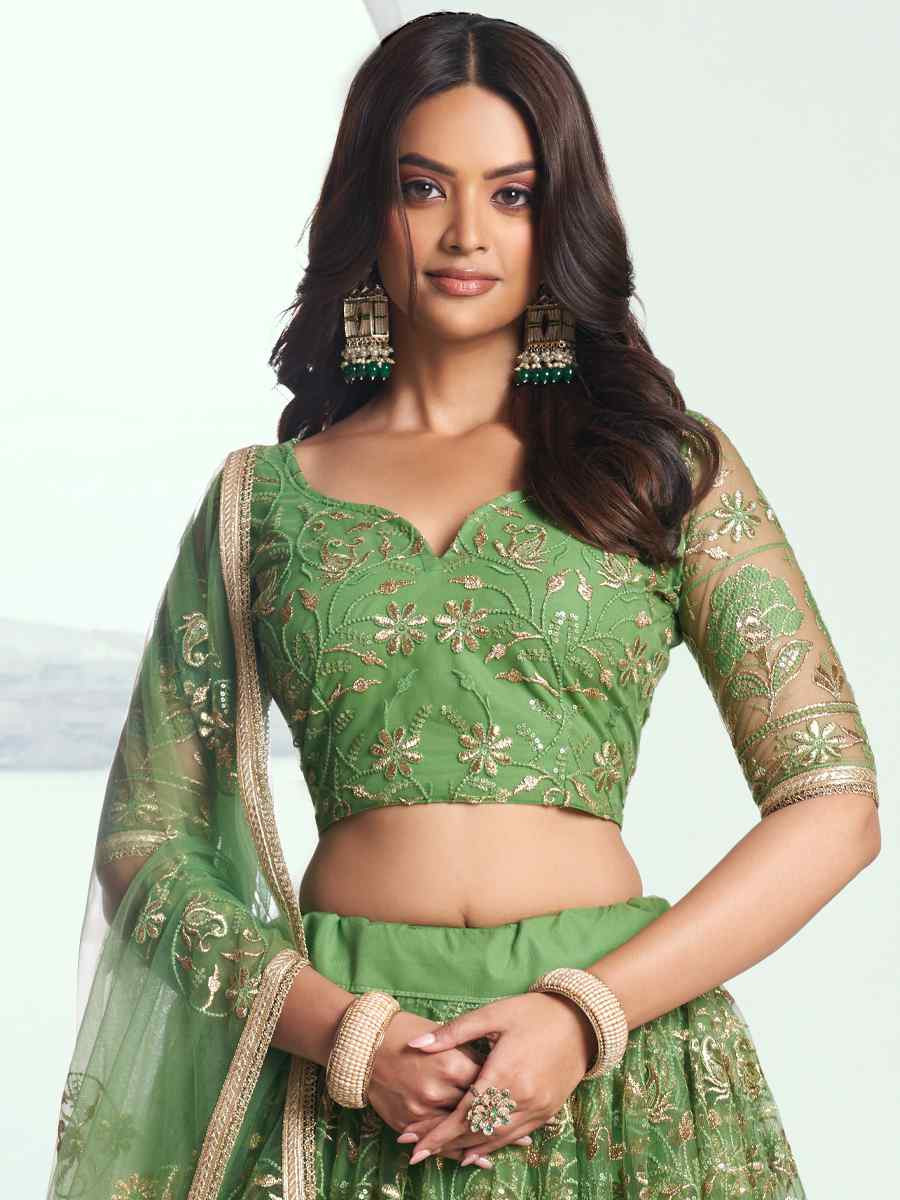 Pista Green Net Embroidered Wedding Reception Festival Heavy Border Lehenga Choli