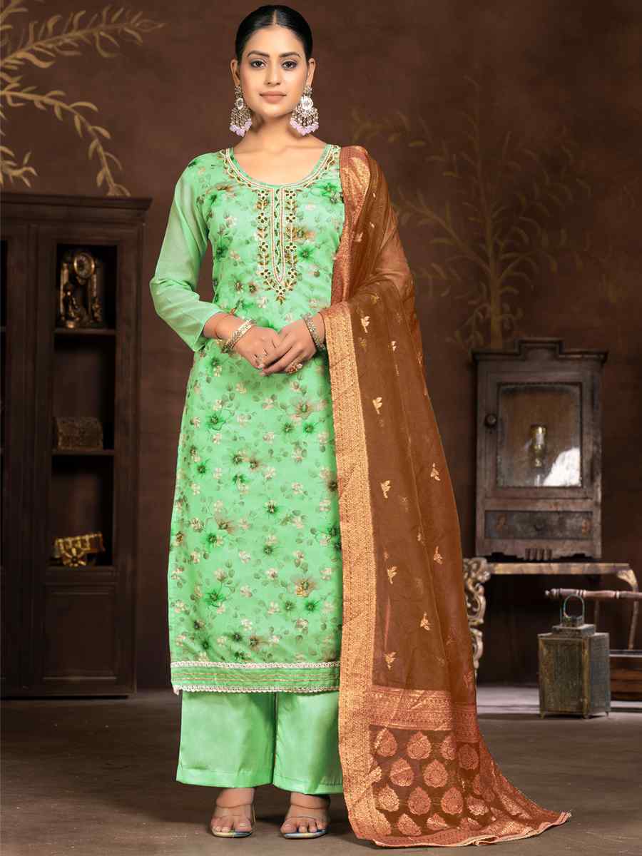 Pista Green Organza Embroidered Casual Festival Pant Salwar Kameez