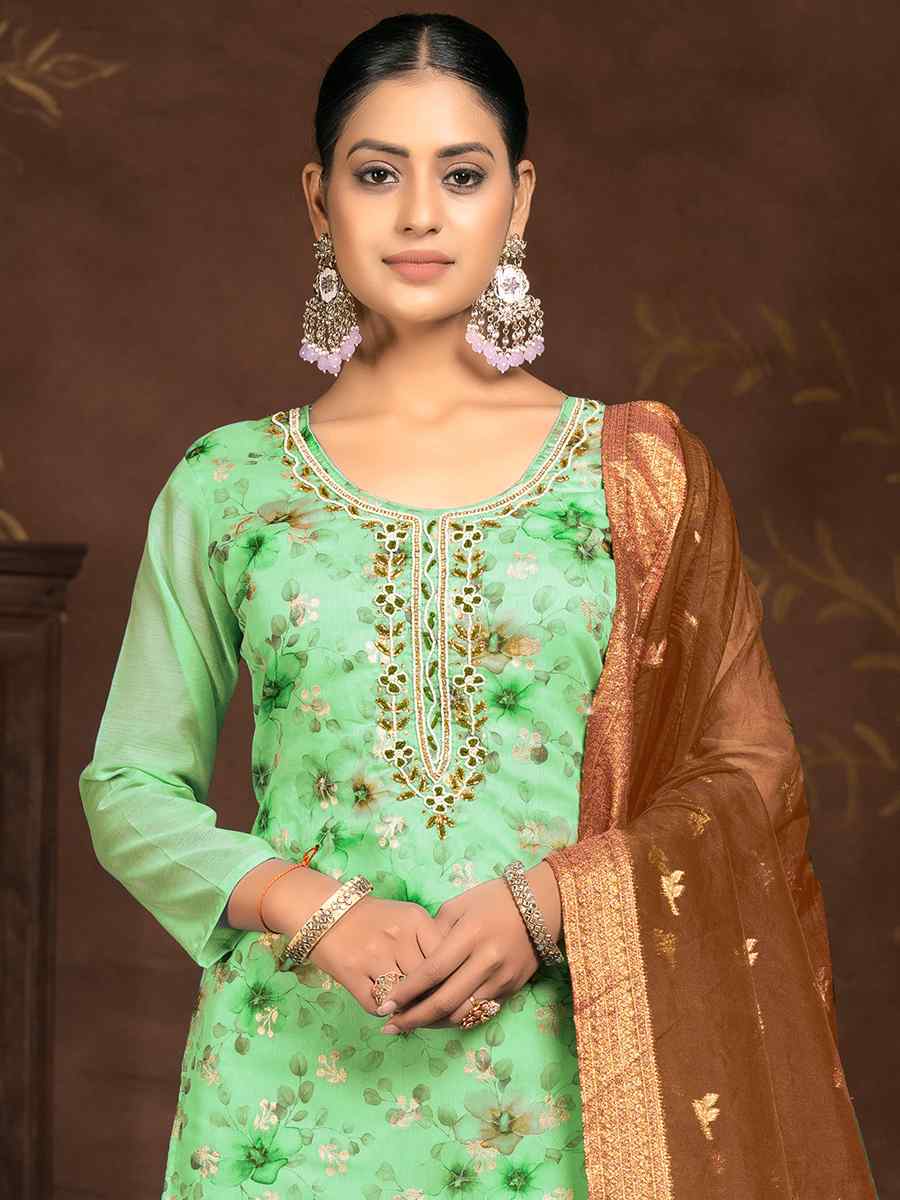 Pista Green Organza Embroidered Casual Festival Pant Salwar Kameez