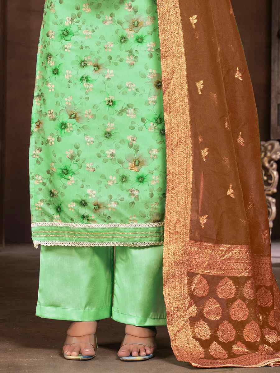 Pista Green Organza Embroidered Casual Festival Pant Salwar Kameez