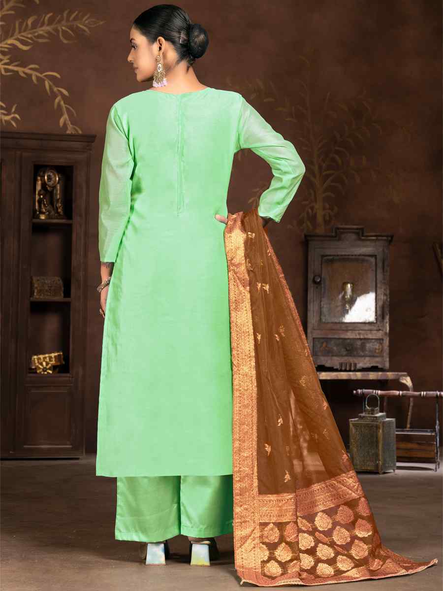 Pista Green Organza Embroidered Casual Festival Pant Salwar Kameez