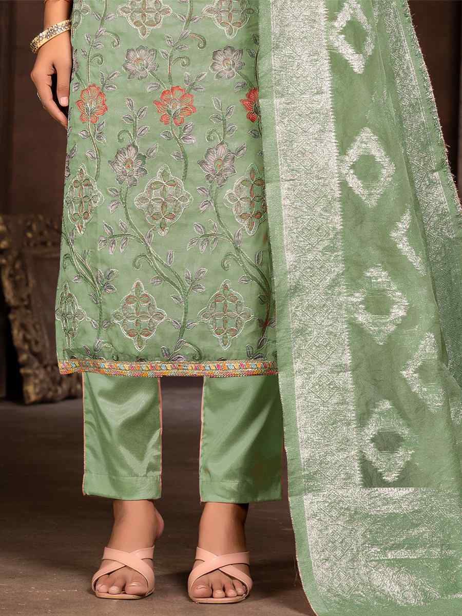 Pista Green Organza Embroidered Casual Festival Pant Salwar Kameez