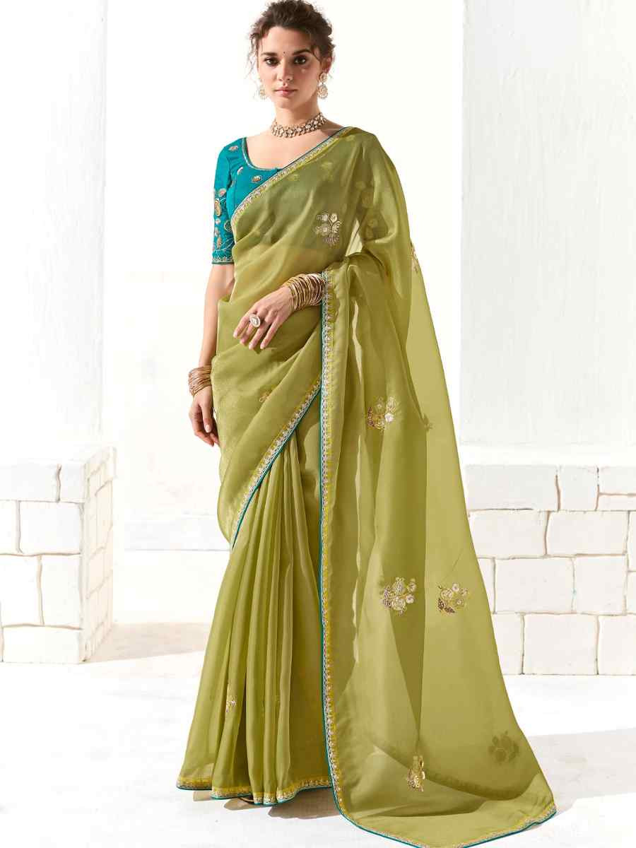 Pista Green Organza Tissue Embroidered Festival Wedding Fancy Heavy Border Saree
