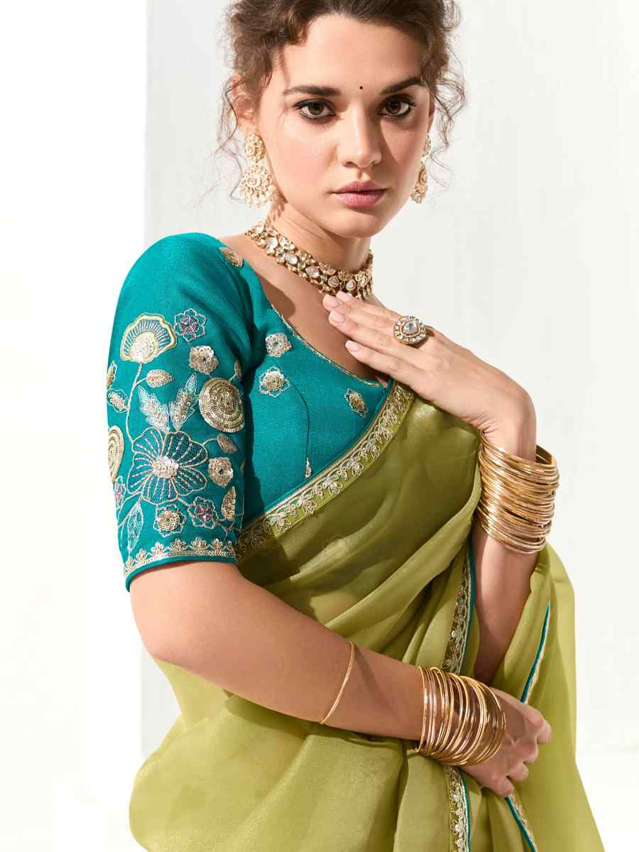 Pista Green Organza Tissue Embroidered Festival Wedding Fancy Heavy Border Saree