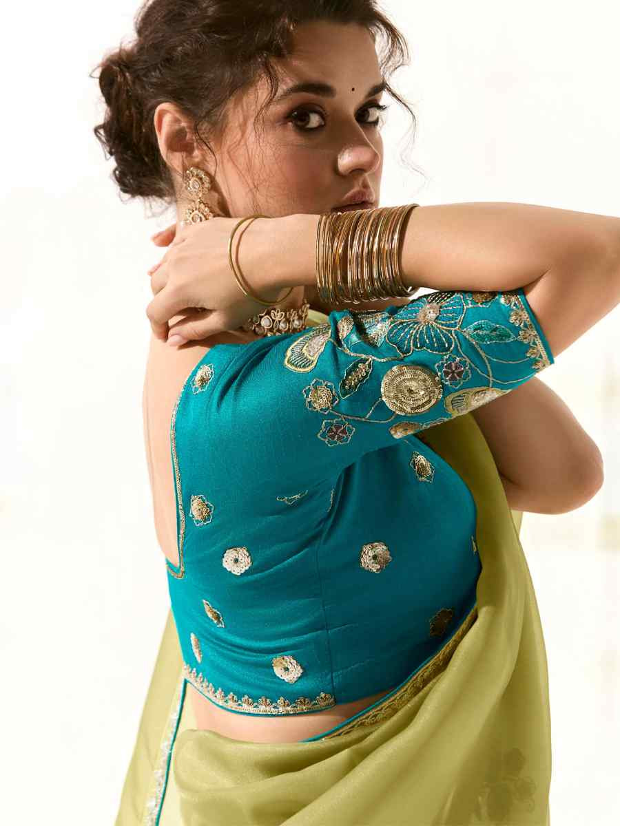 Pista Green Organza Tissue Embroidered Festival Wedding Fancy Heavy Border Saree