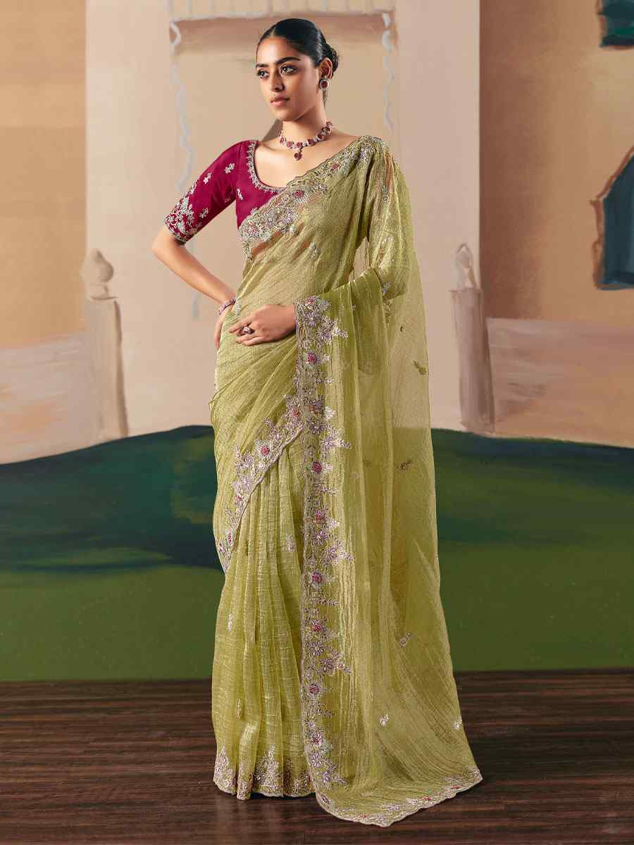 Pista Green Premium Fancy Silk Embroidery Bridal Reception Festival Wedding Fancy Heavy Border Saree