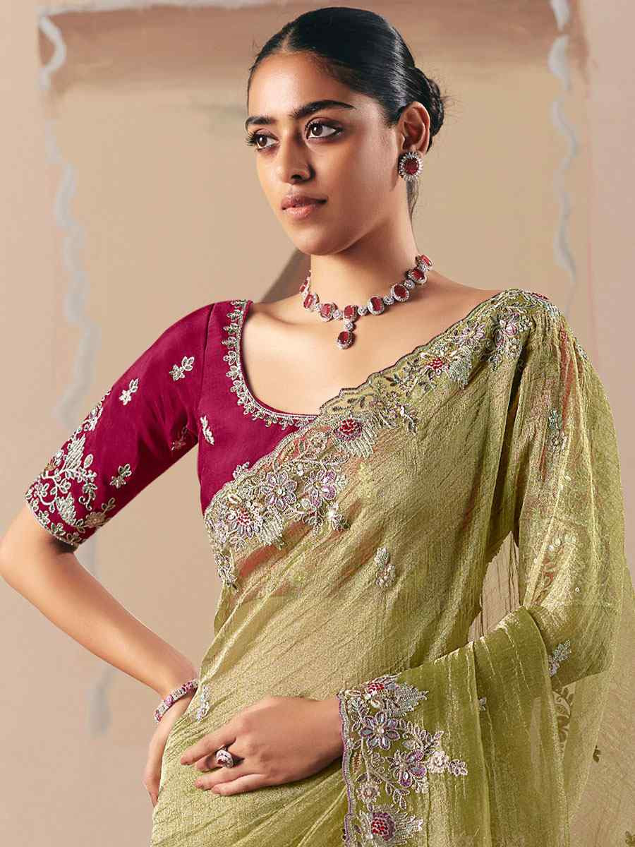 Pista Green Premium Fancy Silk Embroidery Bridal Reception Festival Wedding Fancy Heavy Border Saree