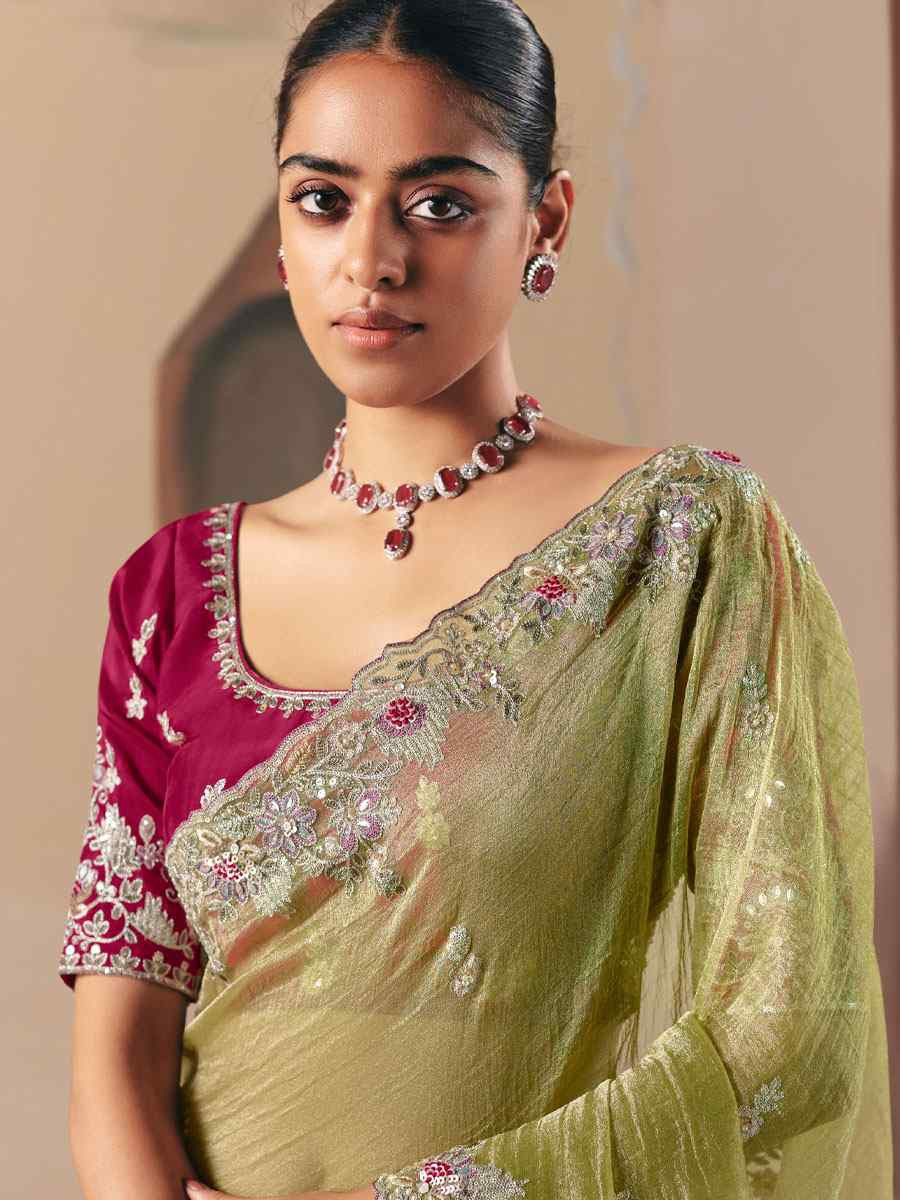 Pista Green Premium Fancy Silk Embroidery Bridal Reception Festival Wedding Fancy Heavy Border Saree