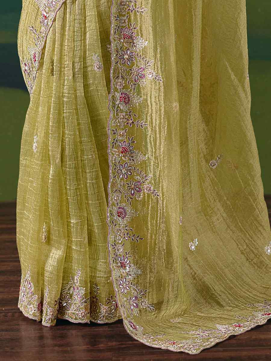 Pista Green Premium Fancy Silk Embroidery Bridal Reception Festival Wedding Fancy Heavy Border Saree