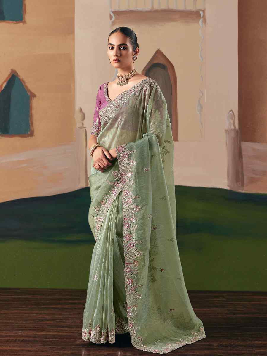 Pista Green Premium Fancy Silk Embroidery Bridal Reception Festival Wedding Fancy Heavy Border Saree