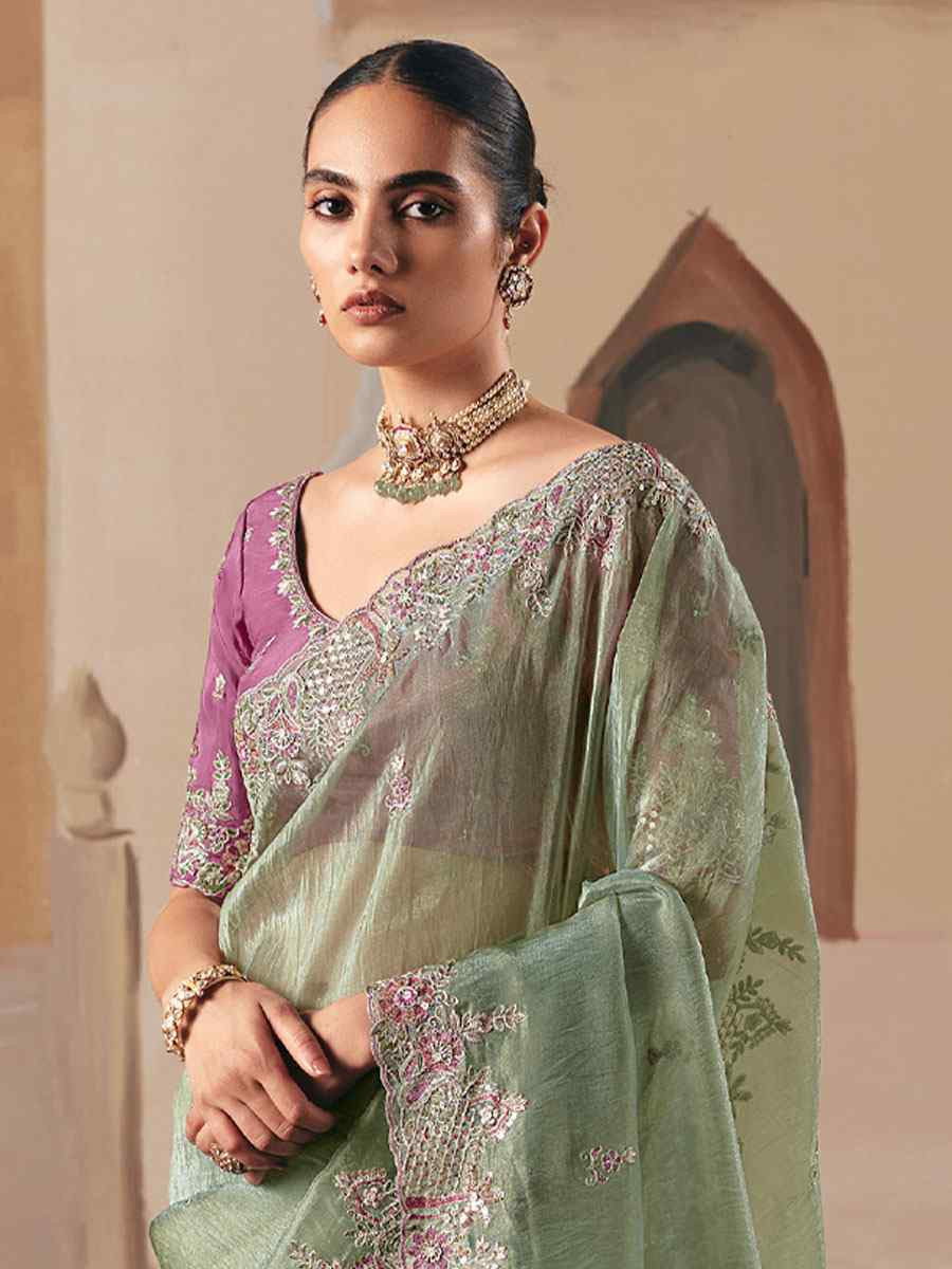Pista Green Premium Fancy Silk Embroidery Bridal Reception Festival Wedding Fancy Heavy Border Saree