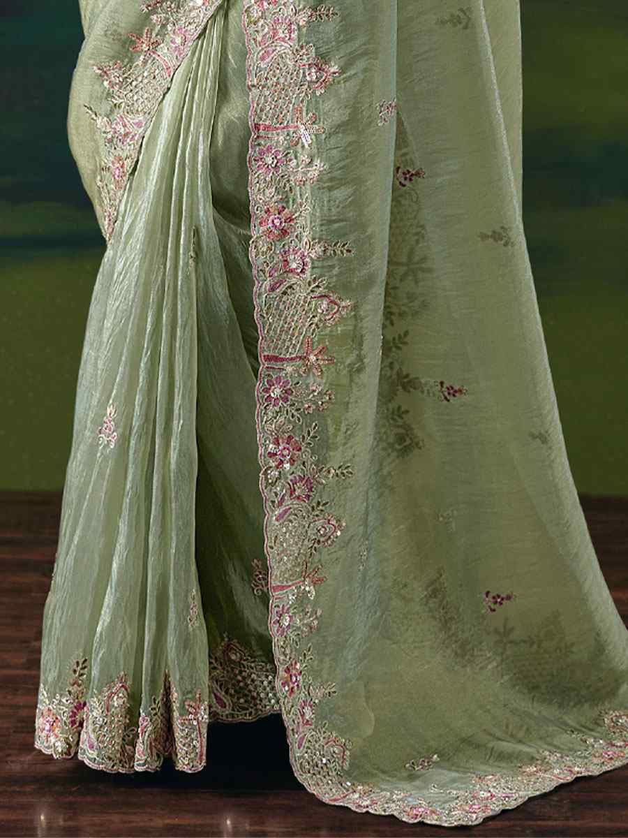 Pista Green Premium Fancy Silk Embroidery Bridal Reception Festival Wedding Fancy Heavy Border Saree