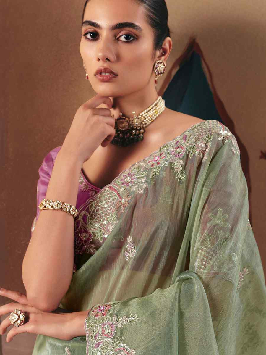 Pista Green Premium Fancy Silk Embroidery Bridal Reception Festival Wedding Fancy Heavy Border Saree