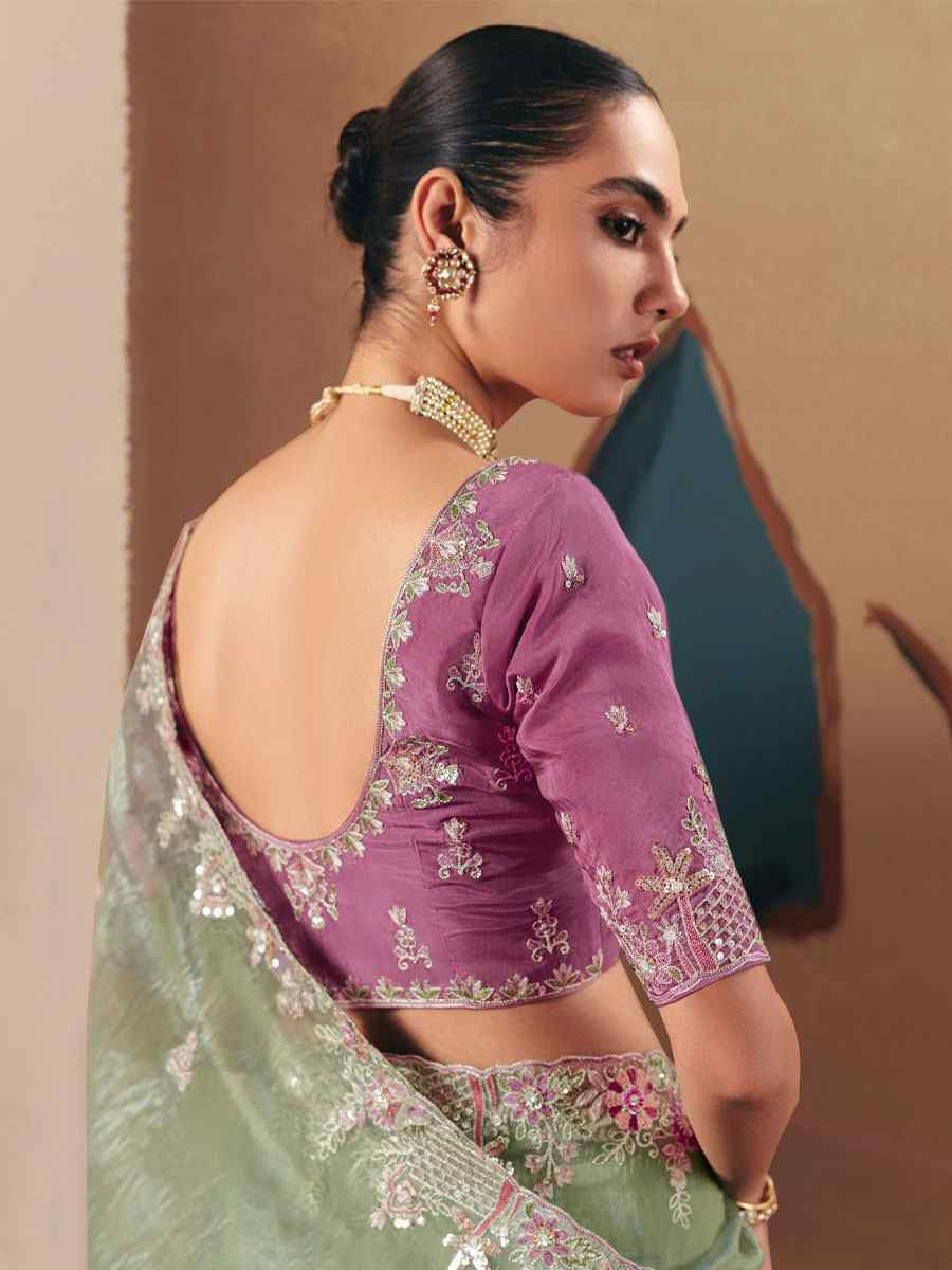 Pista Green Premium Fancy Silk Embroidery Bridal Reception Festival Wedding Fancy Heavy Border Saree