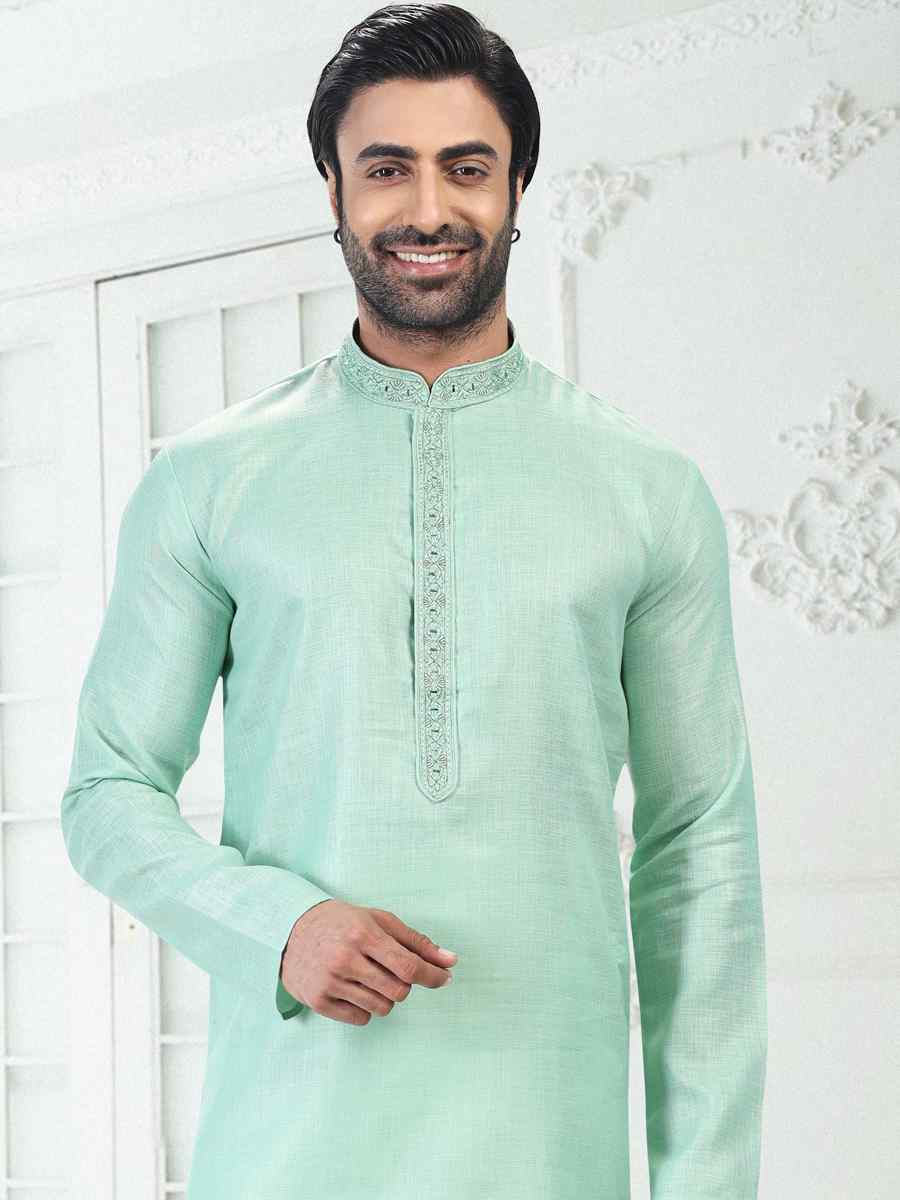 Pista Green Premium Linen Cotton Woven Festival Wedding Kurta