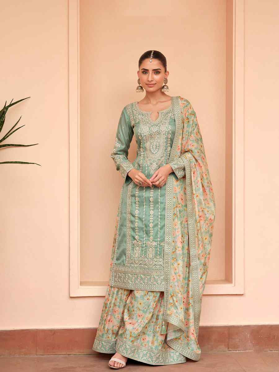 Pista Green Premium Simar Silk Embroidery Party Wedding Festival Casual Ready Palazzo Pant Salwar Kameez