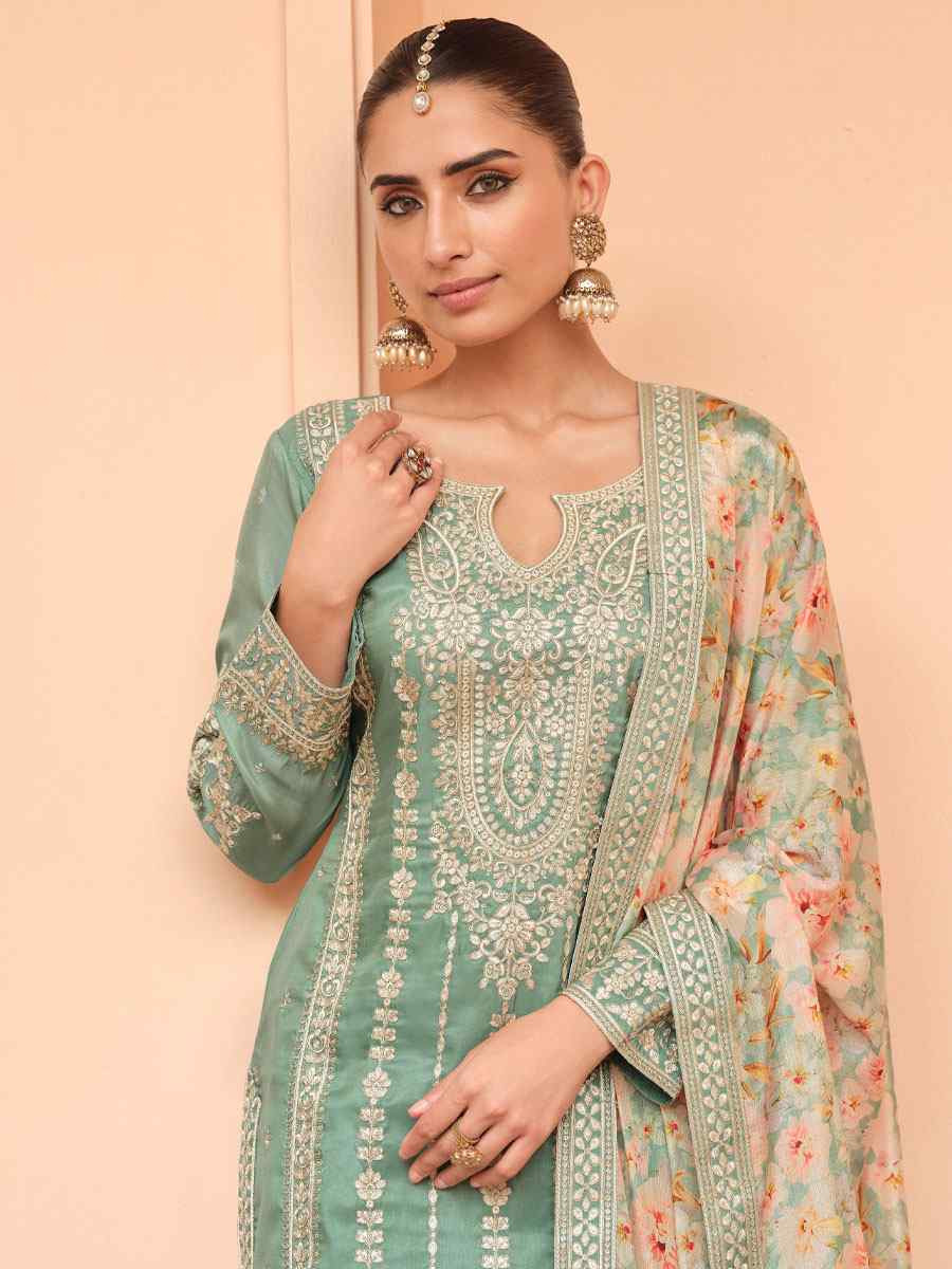 Pista Green Premium Simar Silk Embroidery Party Wedding Festival Casual Ready Palazzo Pant Salwar Kameez