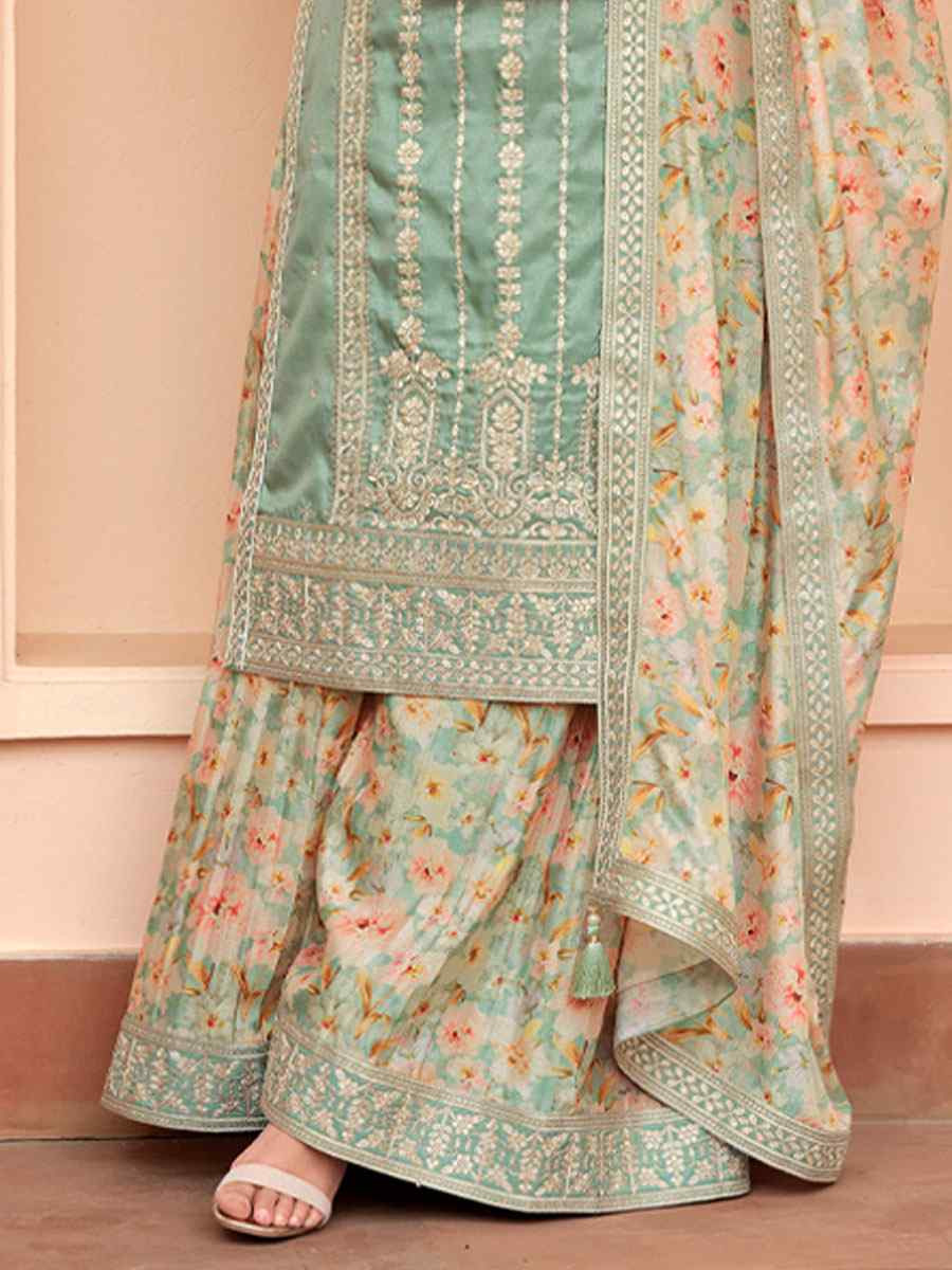 Pista Green Premium Simar Silk Embroidery Party Wedding Festival Casual Ready Palazzo Pant Salwar Kameez