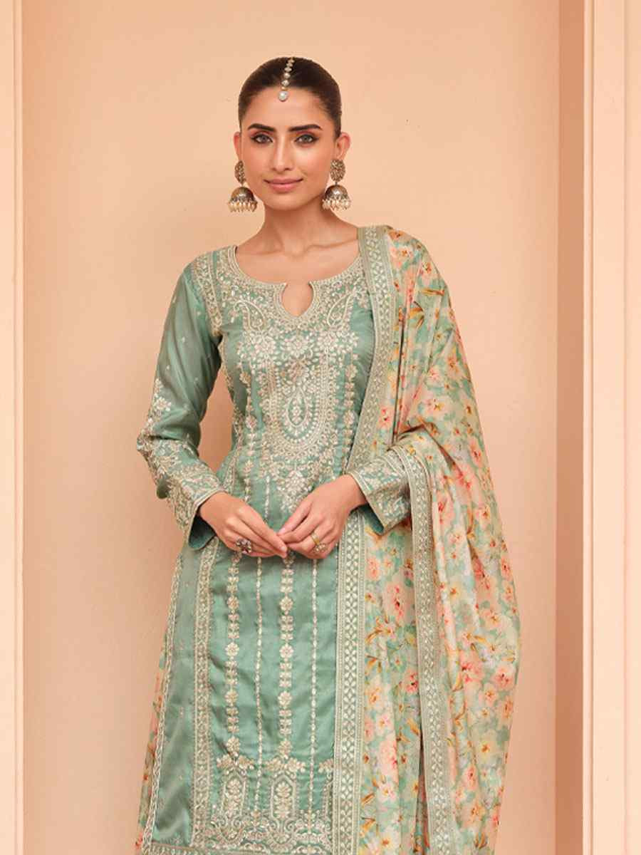 Pista Green Premium Simar Silk Embroidery Party Wedding Festival Casual Ready Palazzo Pant Salwar Kameez