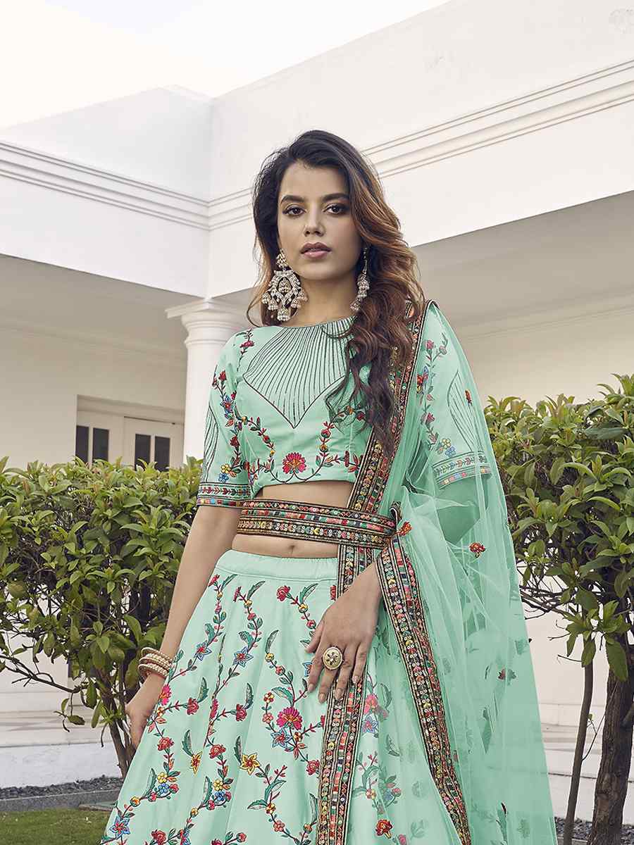 Pista Green Silk Embroidered Bridal Reception Heavy Border Lehenga Choli