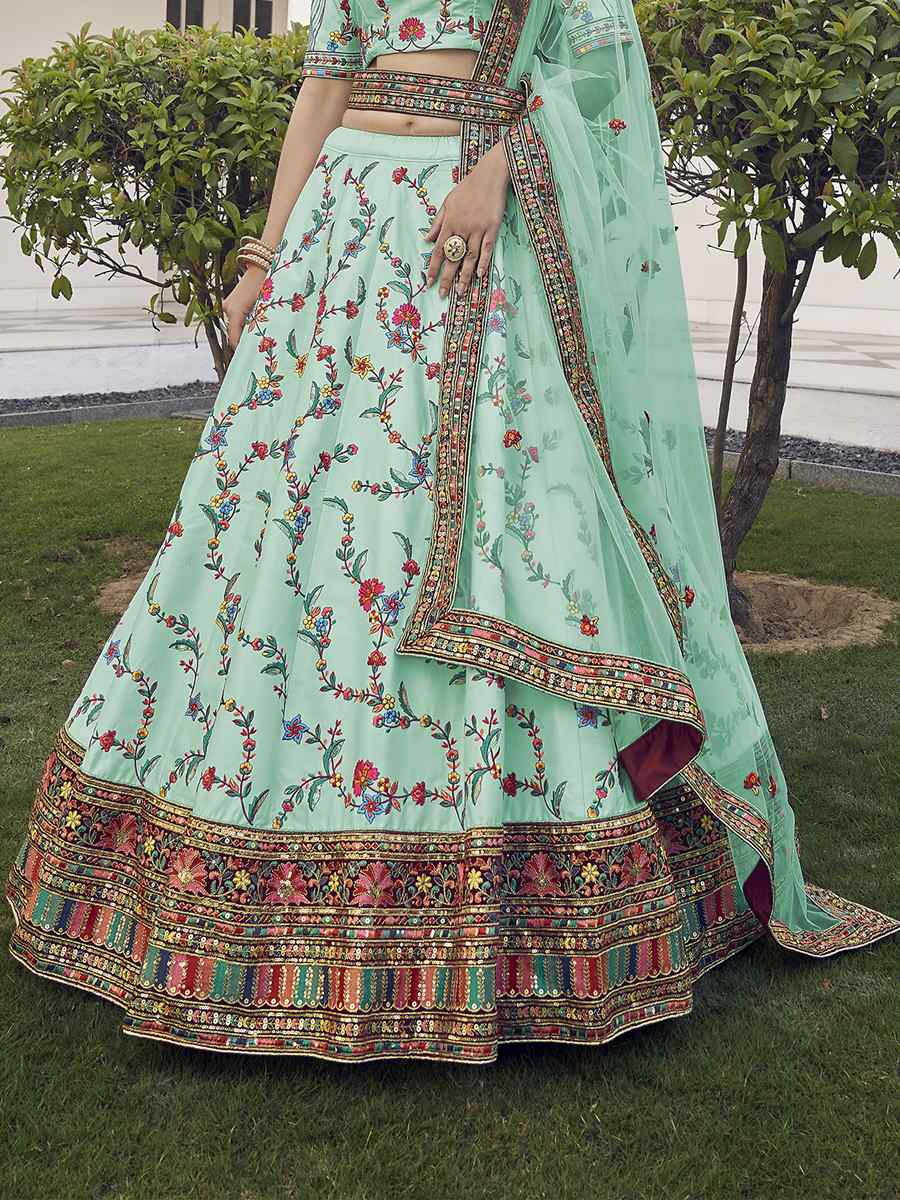 Pista Green Silk Embroidered Bridal Reception Heavy Border Lehenga Choli