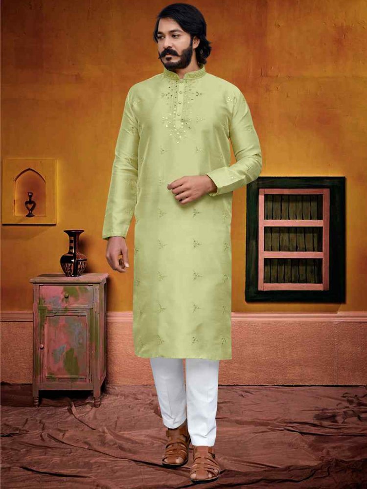 Pista Green Silk Embroidered Festival Casual Kurta