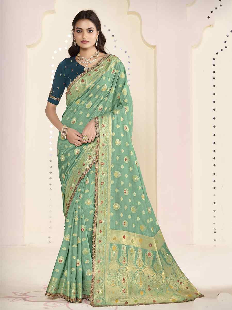 Pista Green Silk Embroidered Festival Wedding Fancy Heavy Border Saree