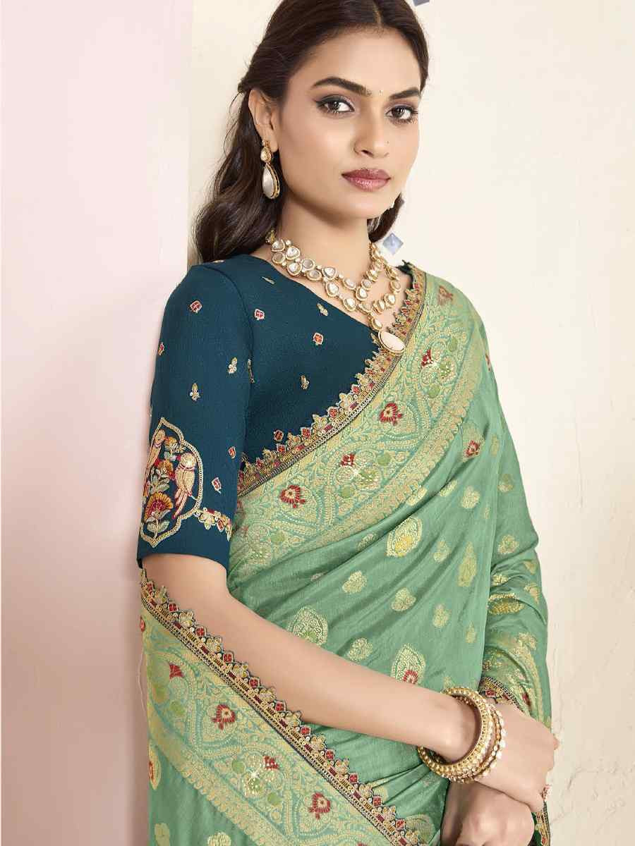 Pista Green Silk Embroidered Festival Wedding Fancy Heavy Border Saree