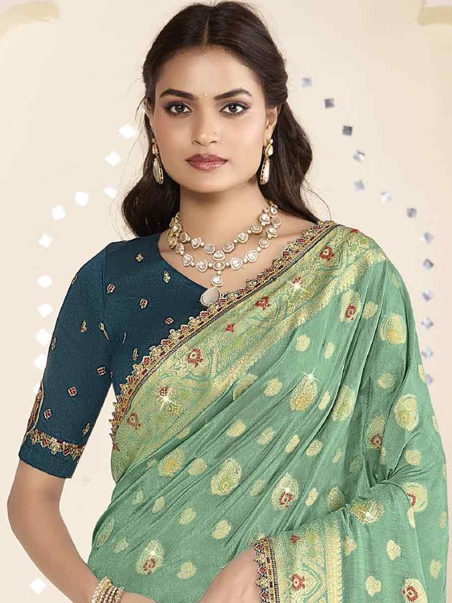 Pista Green Silk Embroidered Festival Wedding Fancy Heavy Border Saree
