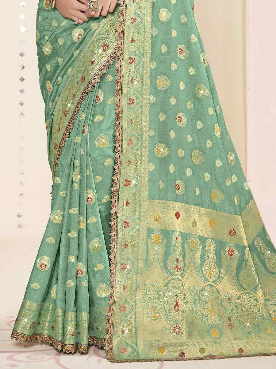 Pista Green Silk Embroidered Festival Wedding Fancy Heavy Border Saree