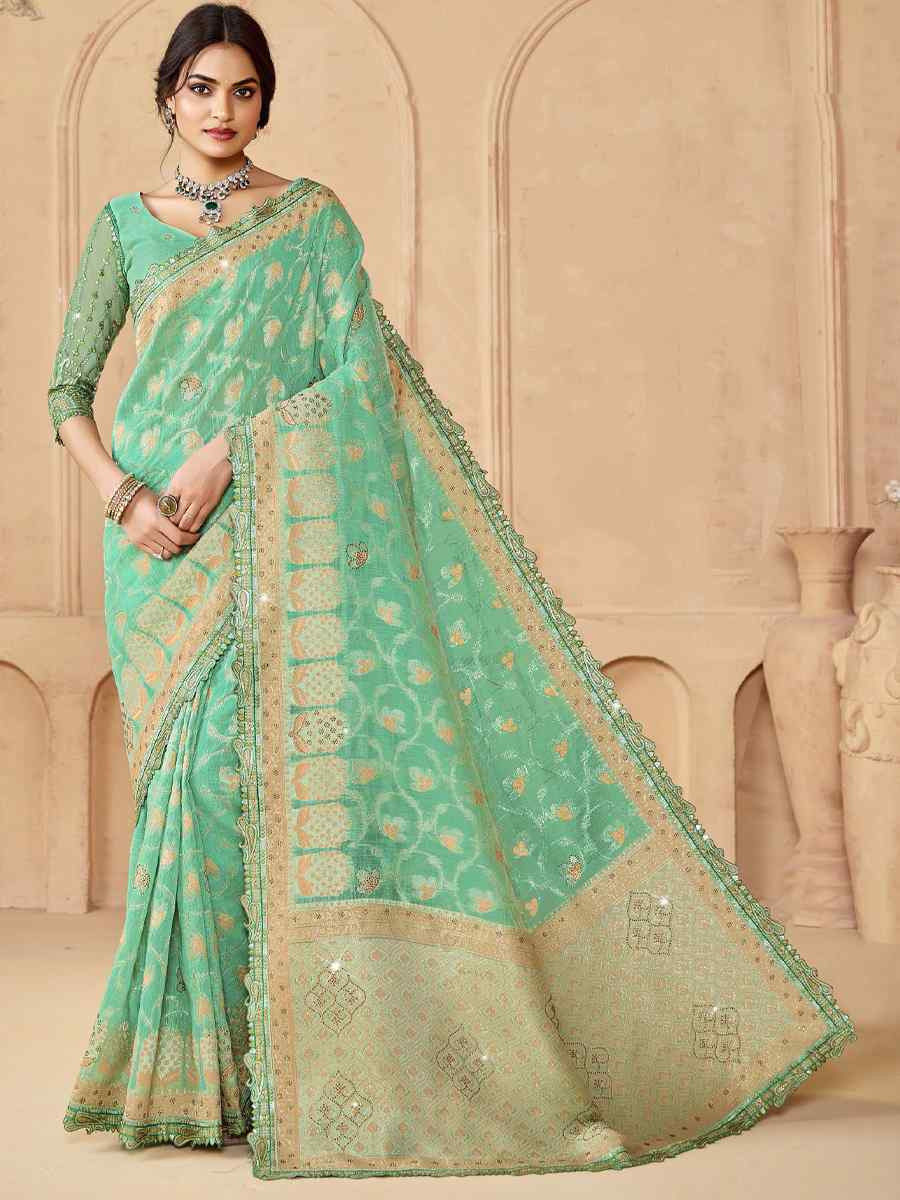 Pista Green Silk Embroidered Festival Wedding Fancy Heavy Border Saree