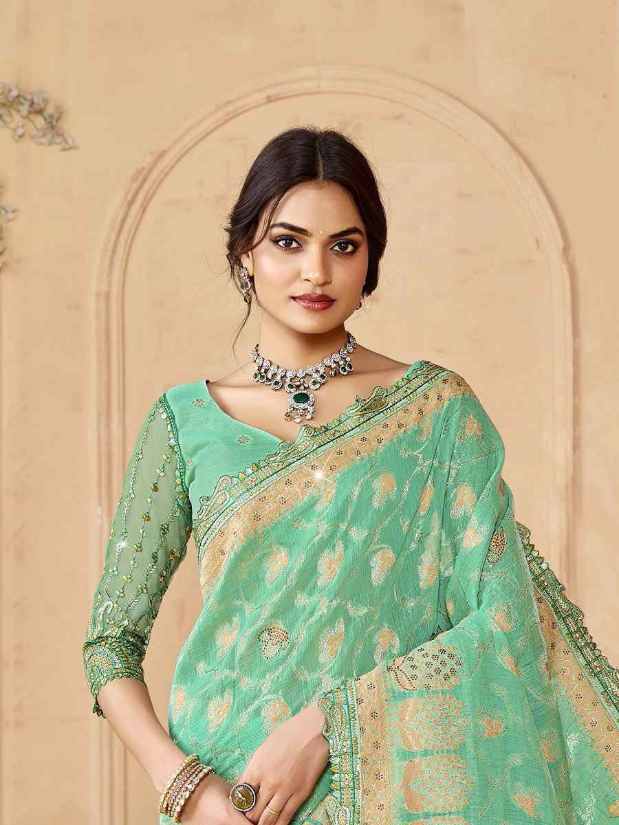 Pista Green Silk Embroidered Festival Wedding Fancy Heavy Border Saree