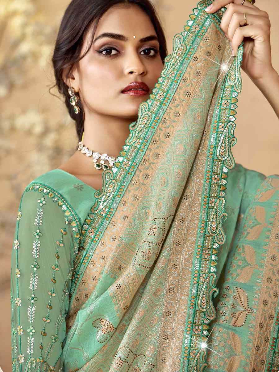 Pista Green Silk Embroidered Festival Wedding Fancy Heavy Border Saree