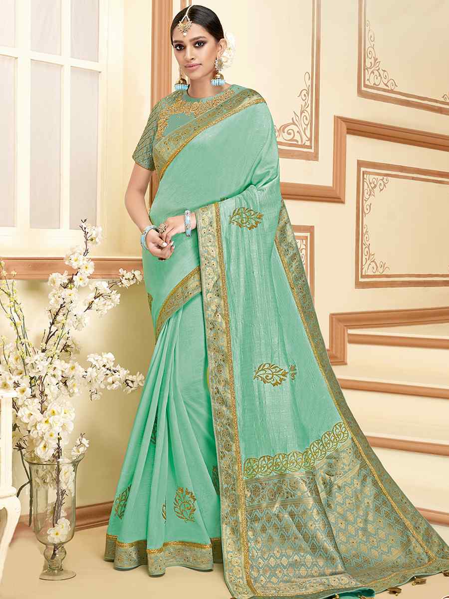Pista Green Silk Embroidered Reception Wedding Heavy Border Saree