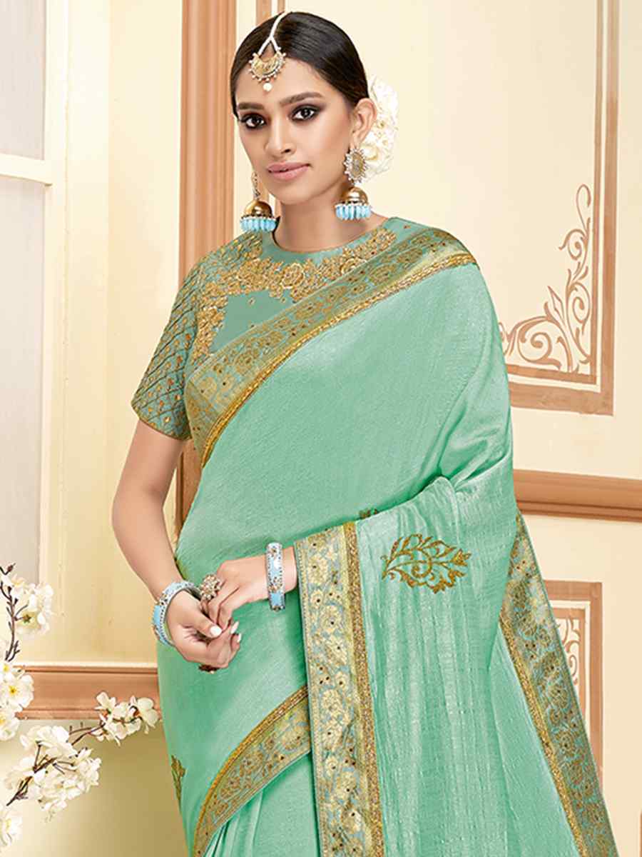Pista Green Silk Embroidered Reception Wedding Heavy Border Saree