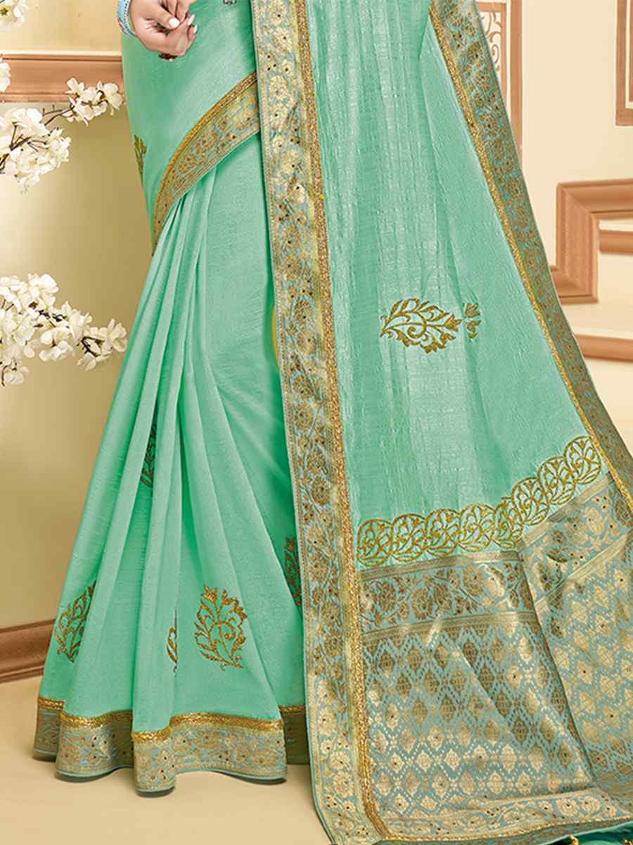 Pista Green Silk Embroidered Reception Wedding Heavy Border Saree