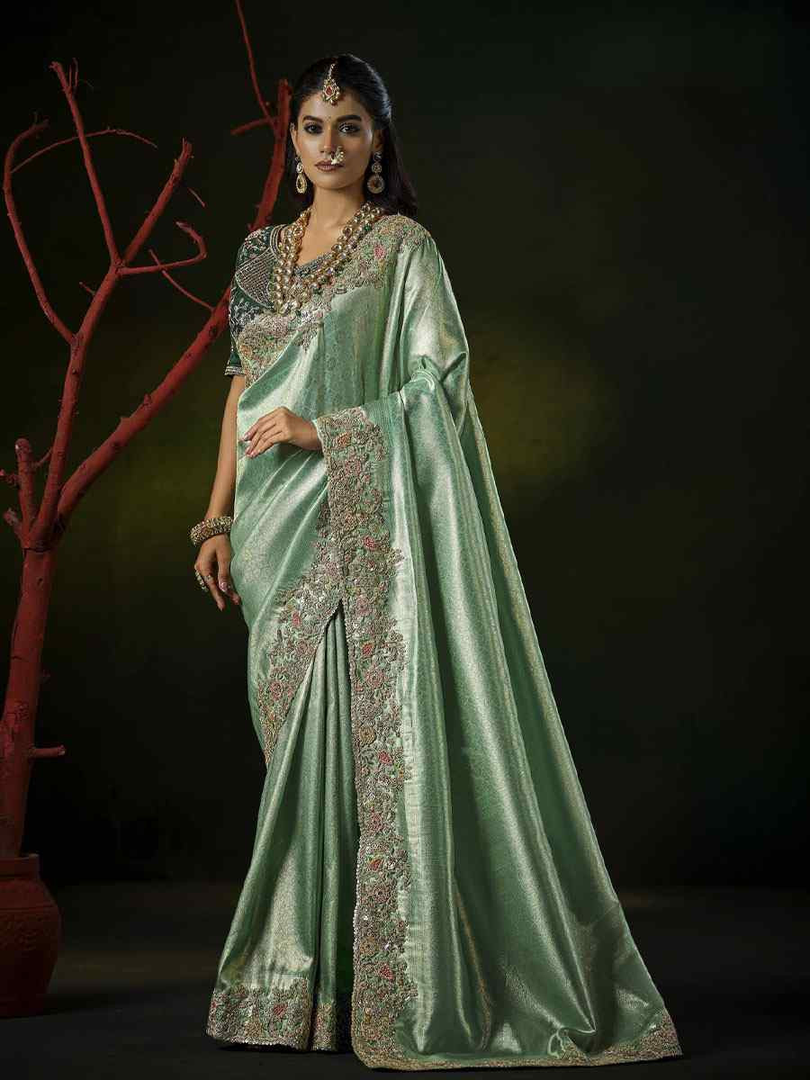 Pista Green Silk Embroidery Traditional Bridal Reception Festival Wedding Fancy Heavy Border Saree