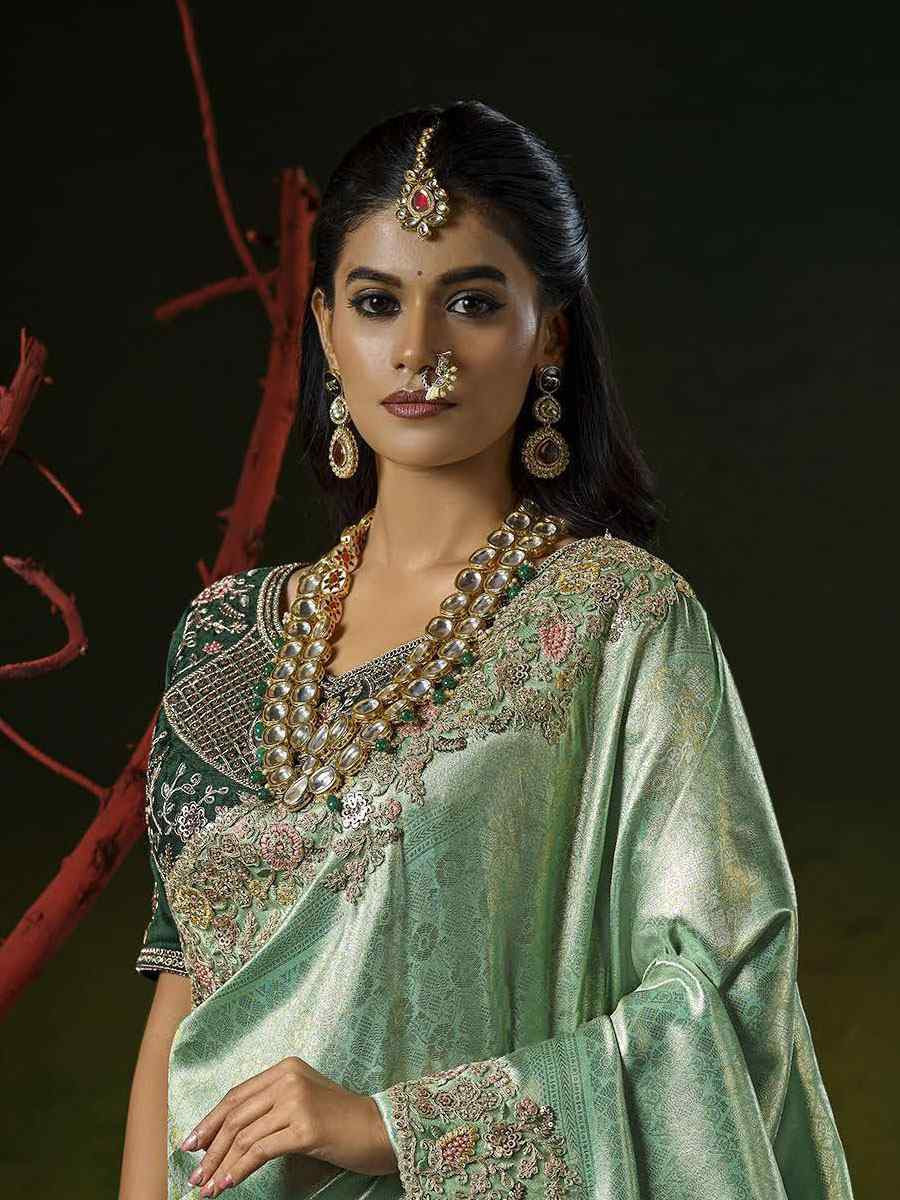 Pista Green Silk Embroidery Traditional Bridal Reception Festival Wedding Fancy Heavy Border Saree