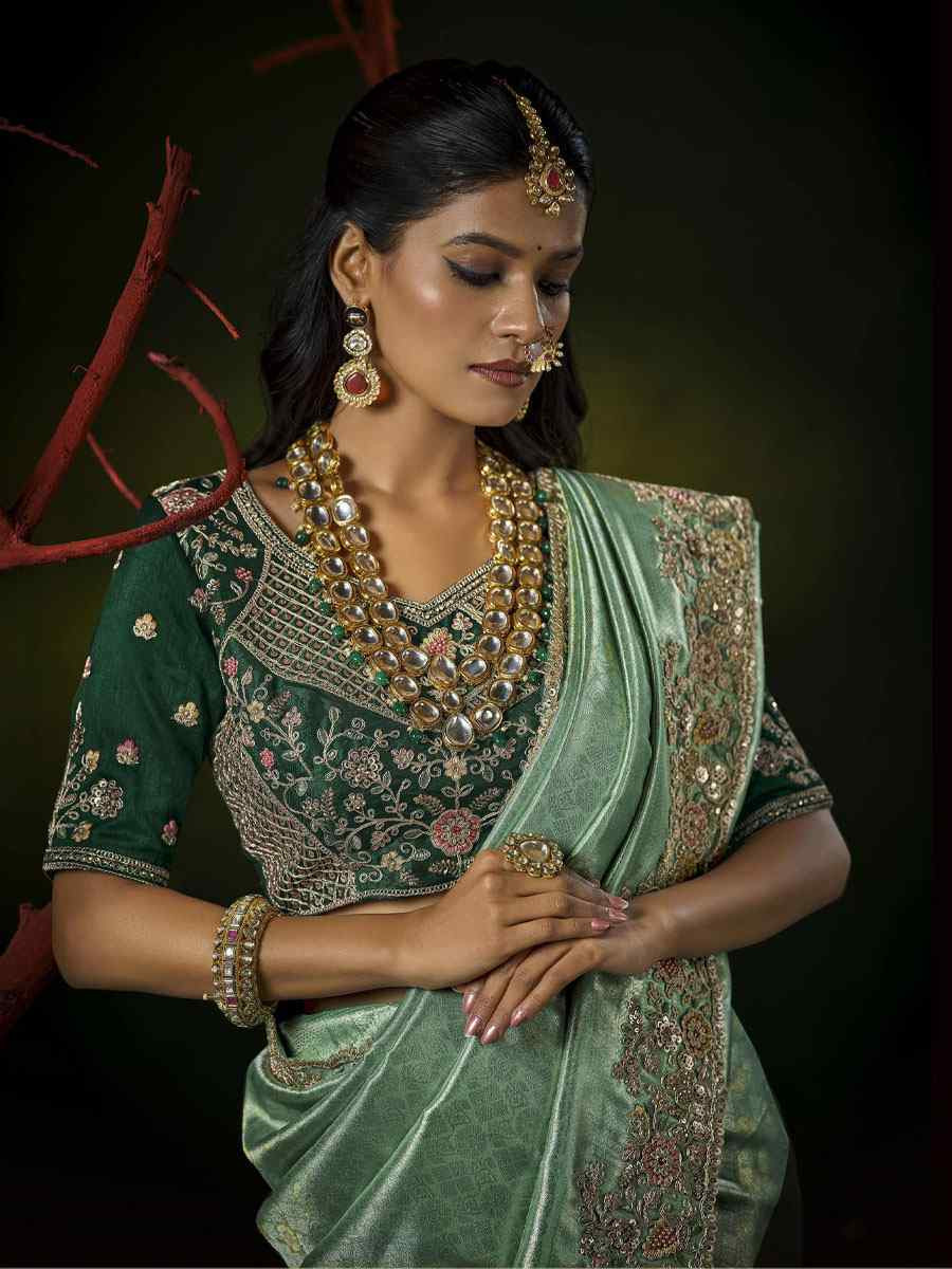 Pista Green Silk Embroidery Traditional Bridal Reception Festival Wedding Fancy Heavy Border Saree