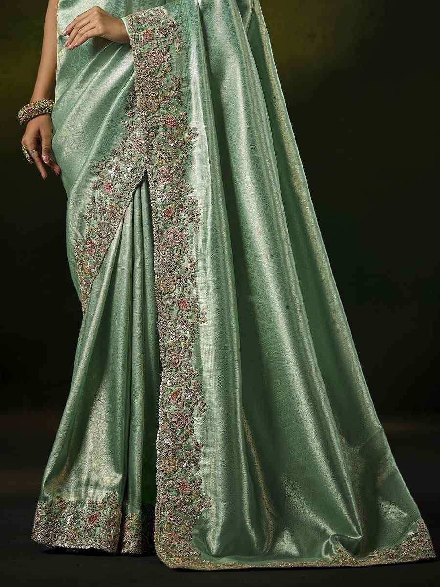 Pista Green Silk Embroidery Traditional Bridal Reception Festival Wedding Fancy Heavy Border Saree