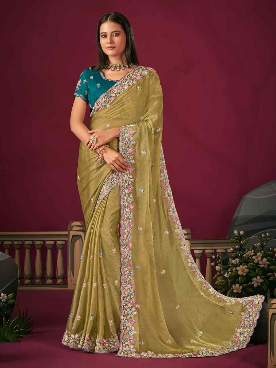 Pista Green Silk Embroidery Traditional Bridal Reception Festival Wedding Fancy Heavy Border Saree