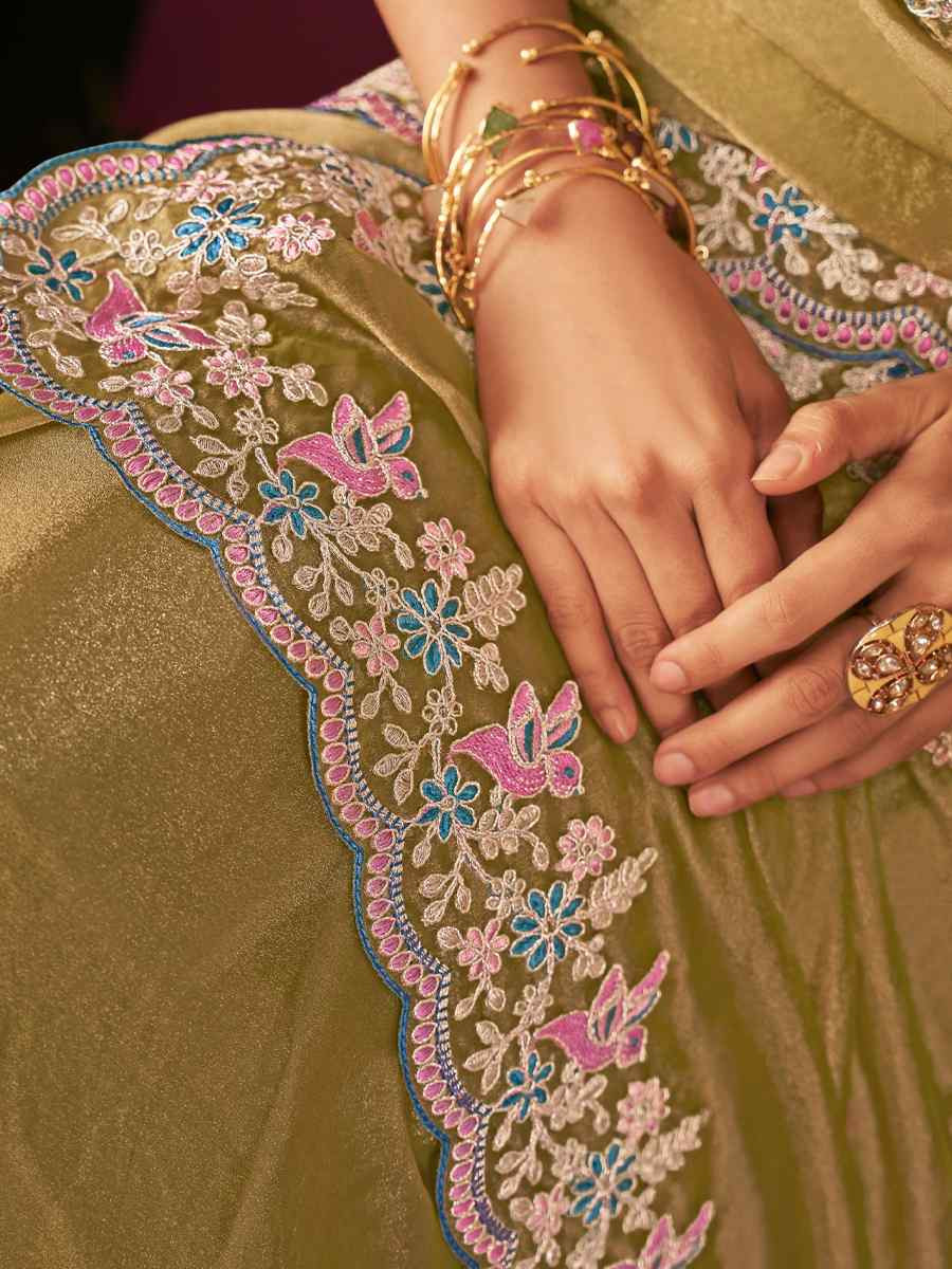 Pista Green Silk Embroidery Traditional Bridal Reception Festival Wedding Fancy Heavy Border Saree