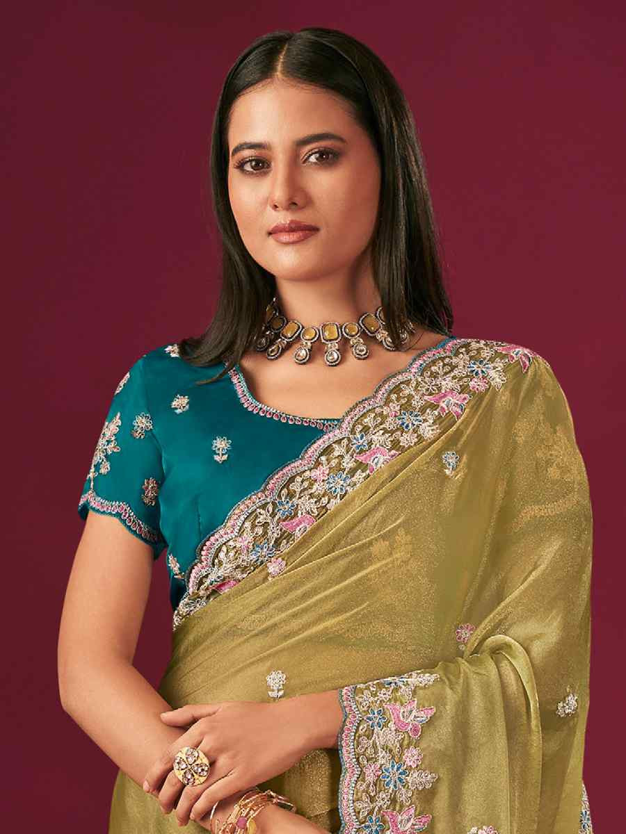 Pista Green Silk Embroidery Traditional Bridal Reception Festival Wedding Fancy Heavy Border Saree