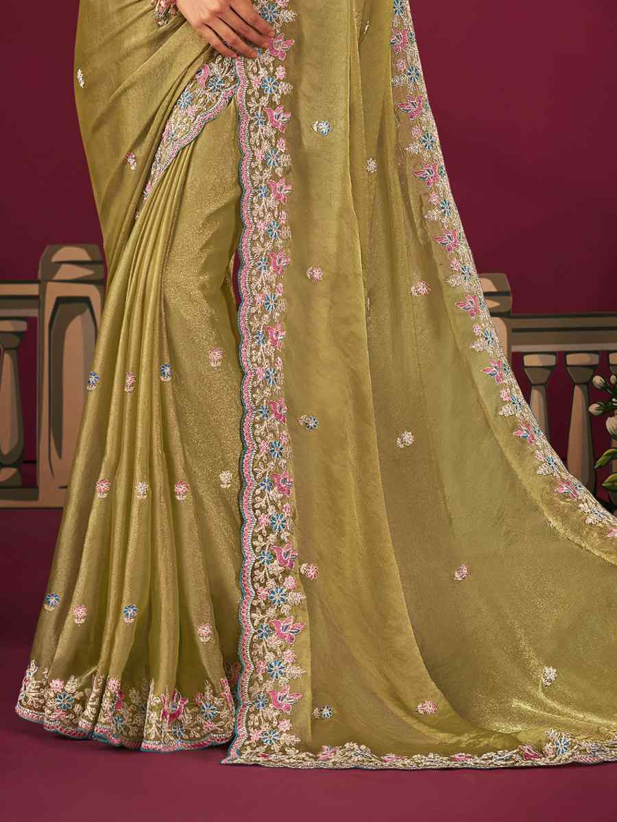 Pista Green Silk Embroidery Traditional Bridal Reception Festival Wedding Fancy Heavy Border Saree