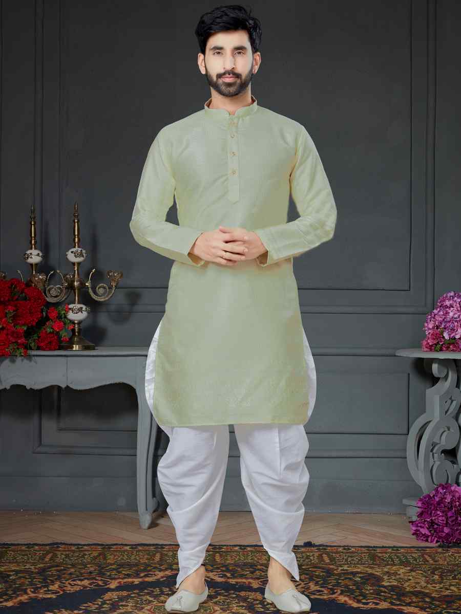 Pista Green Silk Jacquard Woven Festival Kurta