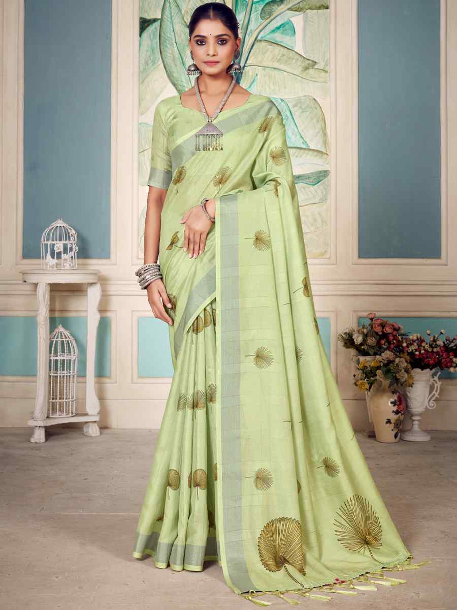 Pista Green Soft Cotton Handwoven Casual Festival Classic Style Saree