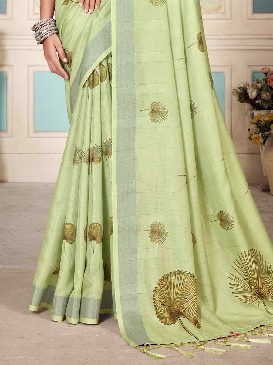 Pista Green Soft Cotton Handwoven Casual Festival Classic Style Saree