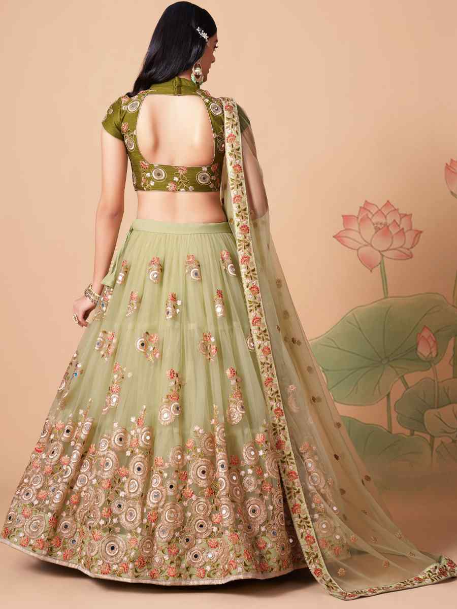 Pista Green Soft Net Embroidered Reception Festival Heavy Border Lehenga Choli